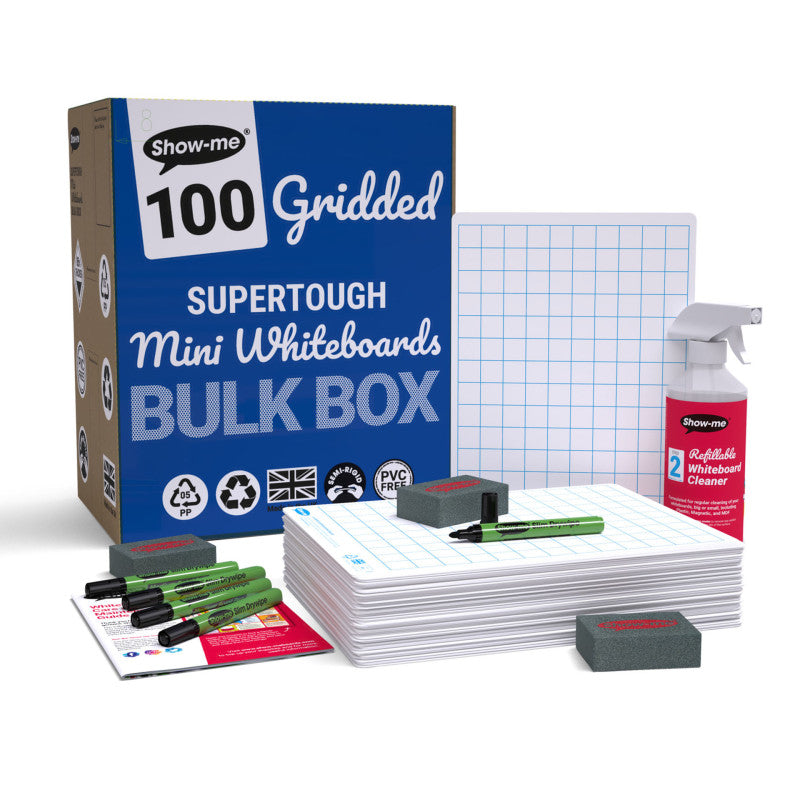 Bulk Box of 100 x Gridded/Plain SUPERTOUGH 8" x 12" Lapboards, with Pens, Erasers, Cleaner
