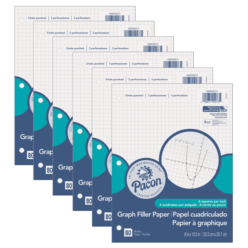 PACON - Graphing Paper, White, 3-Hole Punched, 1/4" Quadrille Ruled, 8" x 10-1/2", 80 Sheets Per Pack, 6 Packs