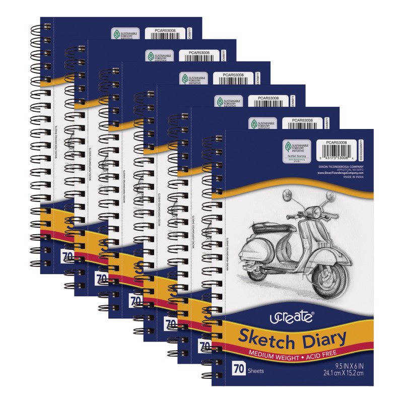 UCREATE - Sketch Diary, Medium Weight, 9-1/2" x 6", 70 Sheets, Pack of 6