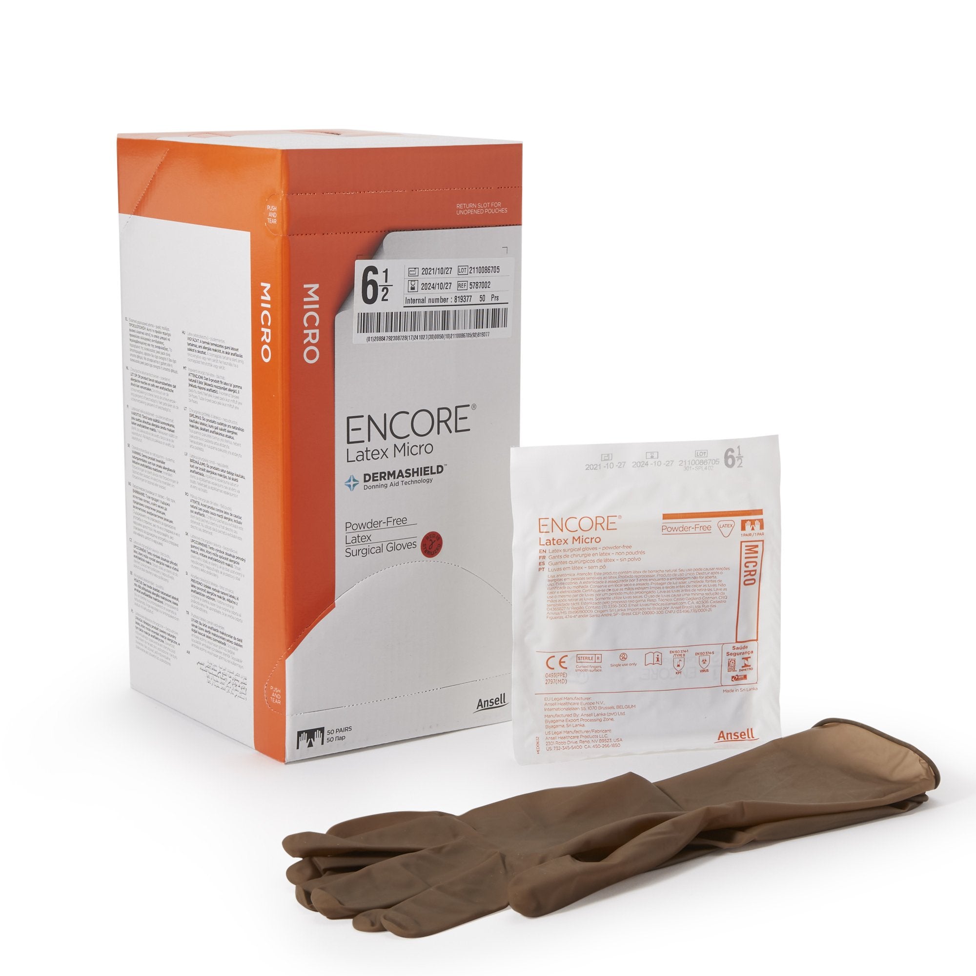 Ansell - Surgical Glove ENCORE® Latex Micro Size 6.5 Sterile Latex Standard Cuff Length Micro-Textured Brown Chemo Tested [200/CS]