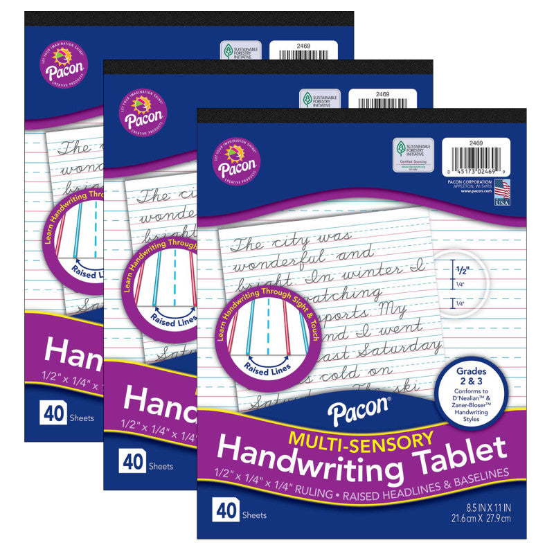 PACON - Multi-Sensory Raised Ruled Tablet, Tape-Bound Tablet, 1/2" x 1/4" x 1/4" Ruled Short, 8-1/2" x 11", 40 Sheets, Pack of 3