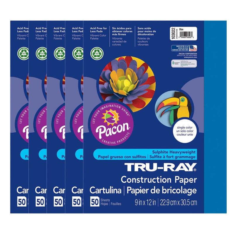 TRU-RAY - Construction Paper, Blue, 9" x 12", 50 Sheets Per Pack, 5 Packs