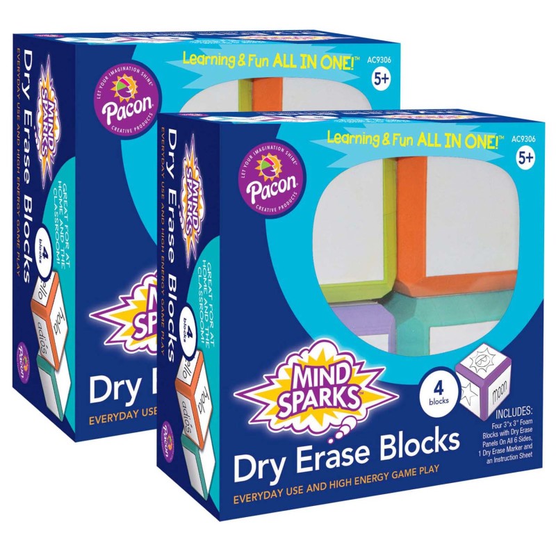 MIND SPARKS - Dry Erase Blocks, Assorted Colors, 3" x 3", 4 Blocks Per Set, 2 Sets