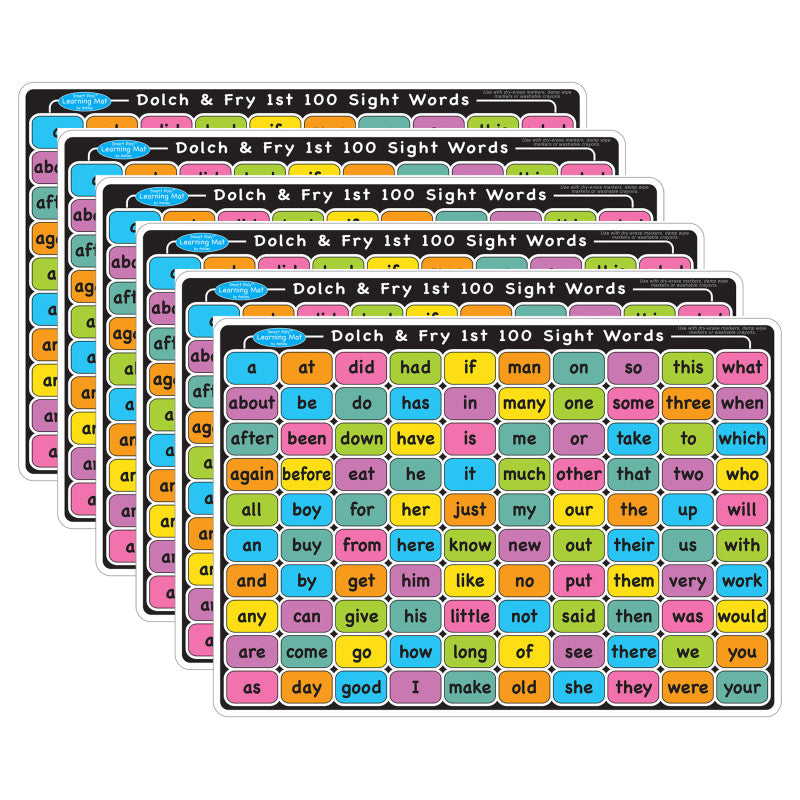 ASHLEY PRODUCTIONS - Smart Poly™ Learning Mat, 12" x 17", Double-Sided, Sight Words 1st & 2nd 100, Pack of 6