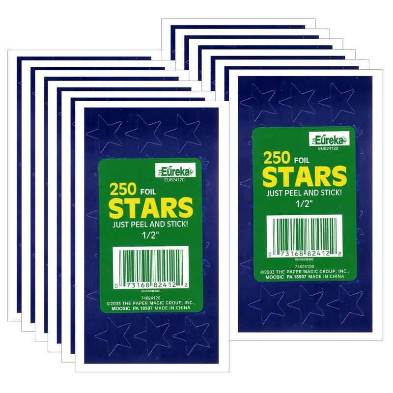 EUREKA - Presto-Stick Foil Star Stickers, 1/2", Blue, 250 Per Pack, 12 Packs