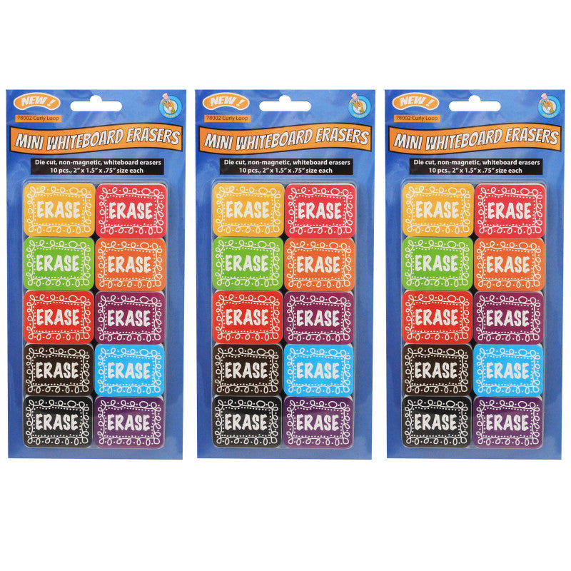 ASHLEY PRODUCTIONS - Non-Magnetic Mini Whiteboard Erasers, Chalk Loop, 10 Per Pack, 3 Packs