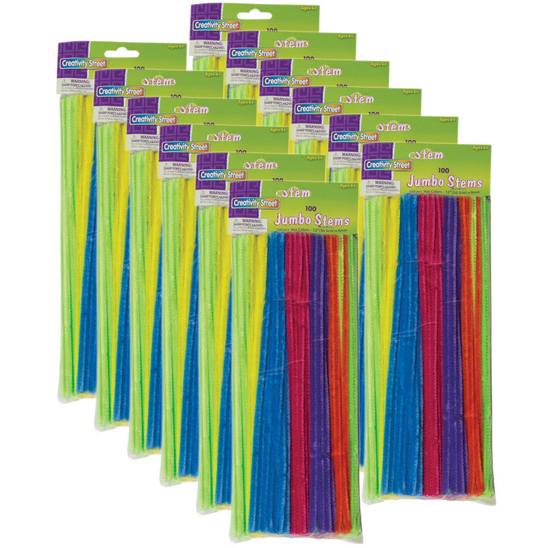 CREATIVITY STREET - Jumbo Stems, Hot Assorted Colors, 12" x 6 mm, 100 Per Pack, 12 Packs