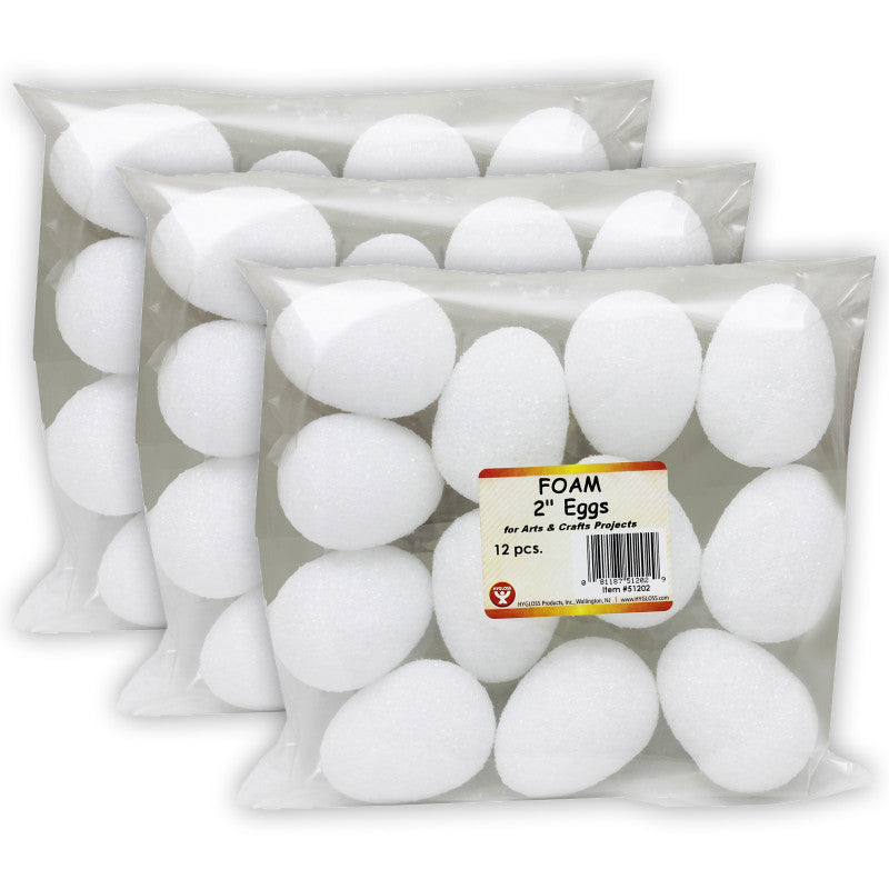 HYGLOSS - Craft Foam Eggs, 2 Inch, White, 12 Per Pack, 3 Packs