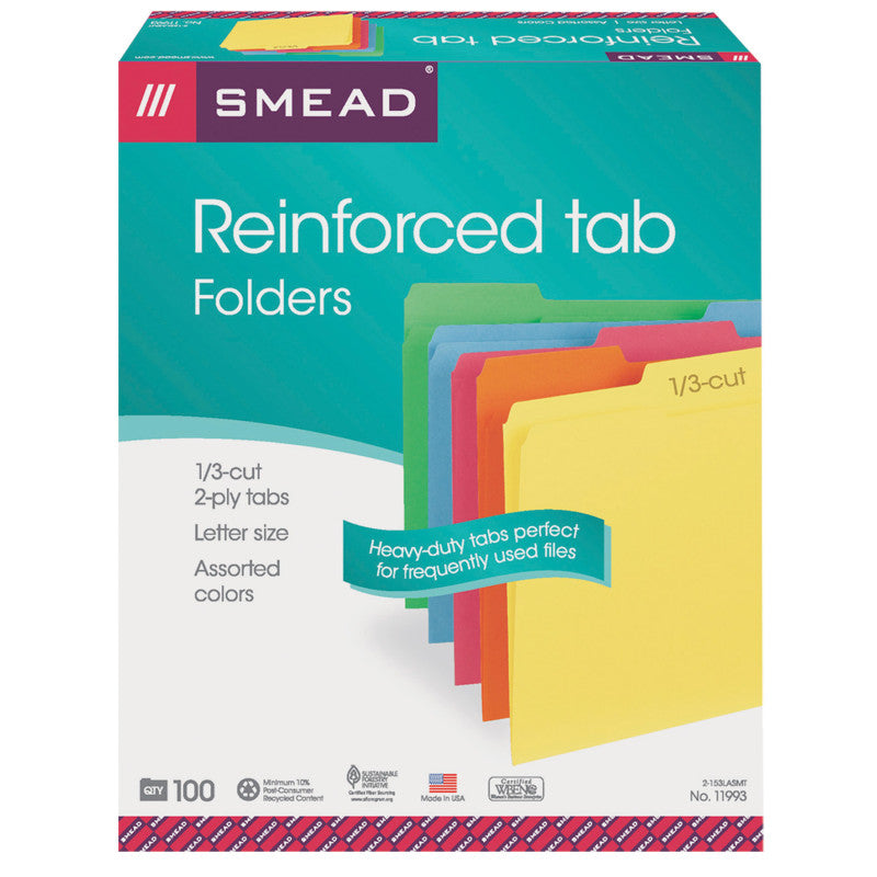 SMEAD - File Folders, Reinforced 1/3-Cut Tab, Letter Size, Assorted Colors, Box of 100