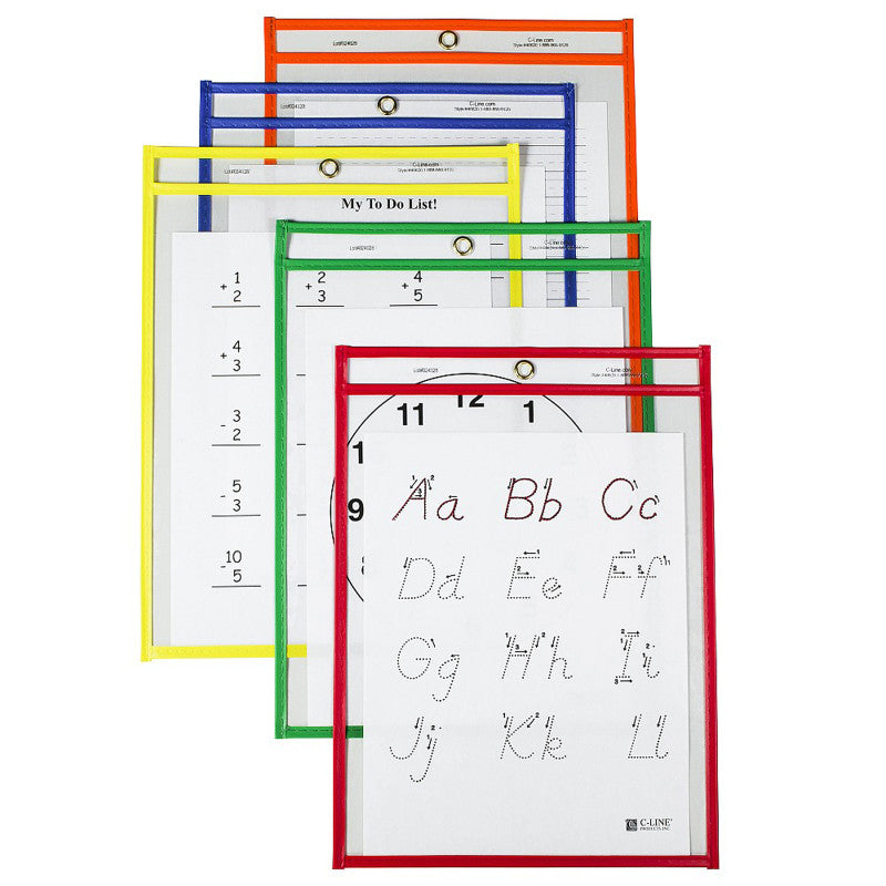 C-LINE - Reusable Dry Erase Pockets, Primary Colors, 9 x 12, Pack of 25