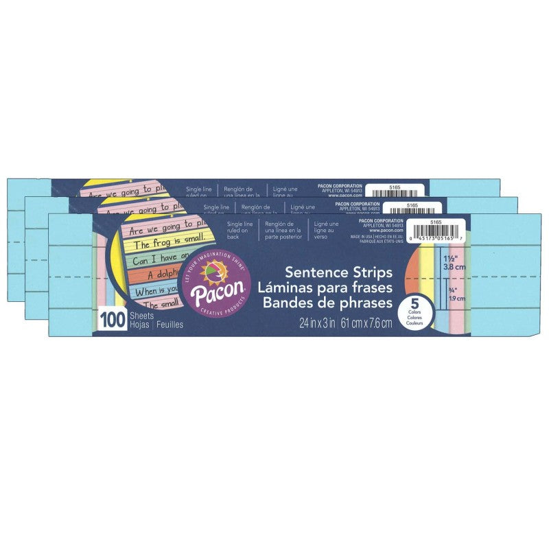 PACON - Sentence Strips, 5 Assorted Colors, 1-1/2" Ruled, 3" x 24", 100 Strips Per Pack, 3 Packs