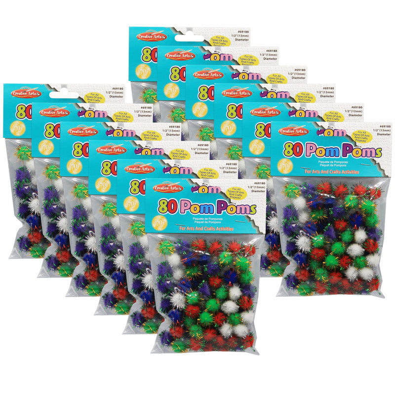 CHARLES LEONARD - Pom-Poms 1/2", Assorted Glitter Colors, 80 Per Pack, 12 Packs
