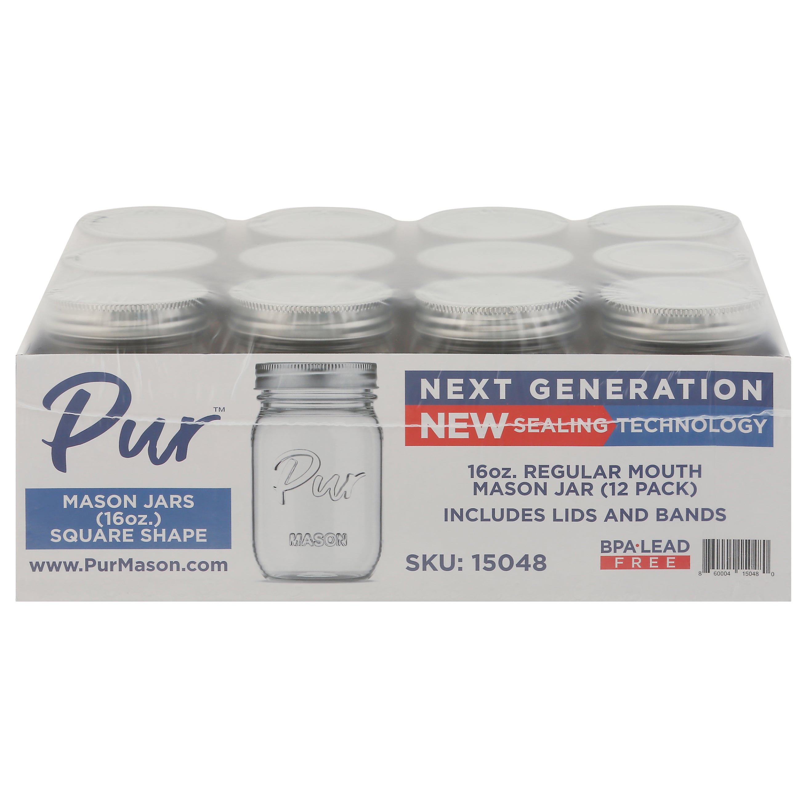 Pur 16 Ounces Square Shape Regular Mouth Mason Jar 12 ea - Case of 1