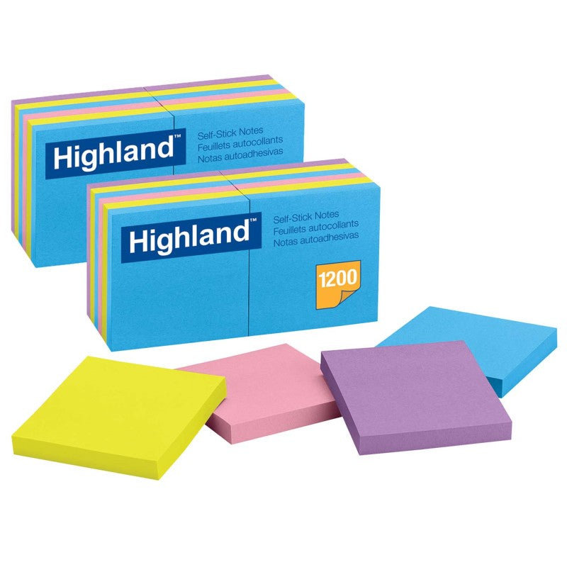 HIGHLAND - Self-Stick Removable Notes, 3" x 3", Assorted Colors, 12 Pads/Pack, 2 Packs