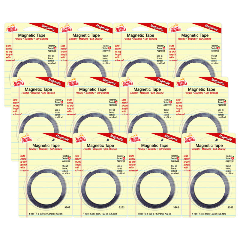 MAGIC-MOUNTS - Self-Sticking Magnetic Tape Roll, 1/2" x 30", Pack of 12
