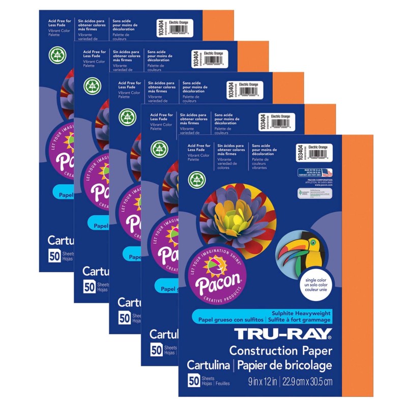 TRU-RAY - Construction Paper, Electric Orange, 9" x 12", 50 Sheets Per Pack, 5 Packs