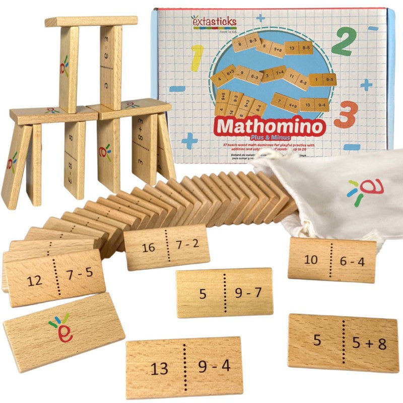 EXTASTICKS - Mathomino Plus & Minus up to 20 Addition & Subtraction Wooden Math Domino Game
