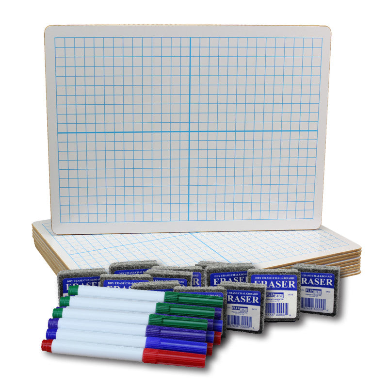 FLIPSIDE PRODUCTS - Two-Sided Dry Erase Boards, XY Axis/Plain, 9" x 12", with Colored Pens & Erasers, Class Pack of 12