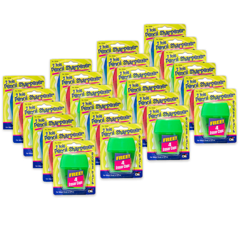 CHARLES LEONARD - 3 Hole Pencil Sharpener w/catcher, Assorted Colors, 12 per Pack, 2 Packs