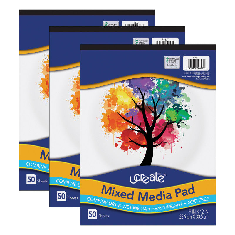 UCREATE - Mixed Media Pad, 9" x 12", 50 Sheets, Pack of 3