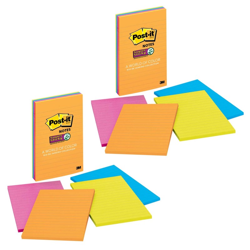POST-IT - Super Sticky Notes, 4" x 6", Rio de Janeiro Collection, Lined, 4 Pads/Pack, 2 Packs