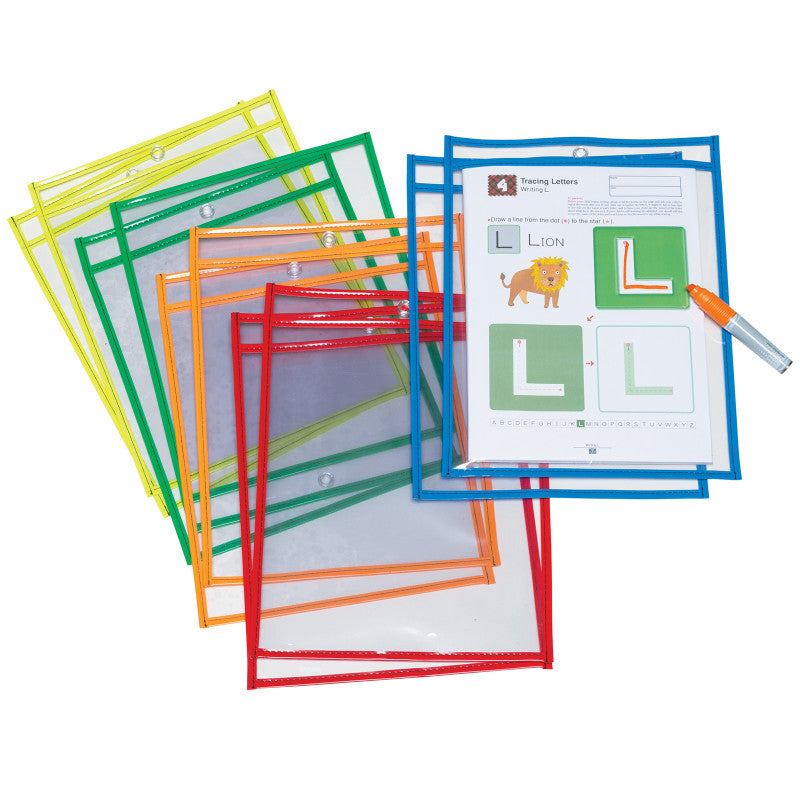 PACON - Dry Erase Pockets, 5 Assorted Bright Colors, 10" x 13-1/2", 10 Pockets