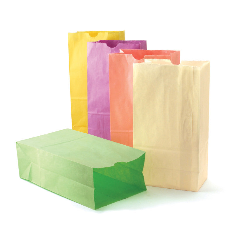 HYGLOSS - Gusseted Flat Bottom Paper Bags, Size #6, Pastel Assorted Colors, 28 Per Pack, 3 Packs