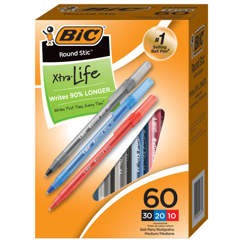 Round Stic® Xtra Life Ballpoint Pen, Medium Point (1.0mm), Assorted, Box of 60