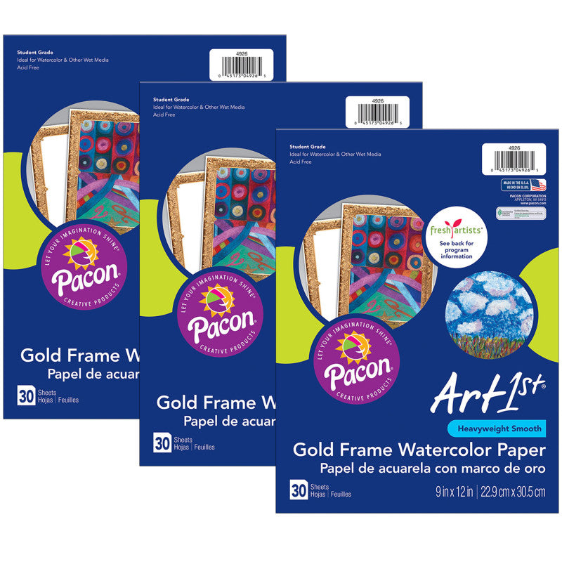 UCREATE - Watercolor Paper, Gold Frame, 9" x 12", 30 Sheets Per Pack, 3 Packs