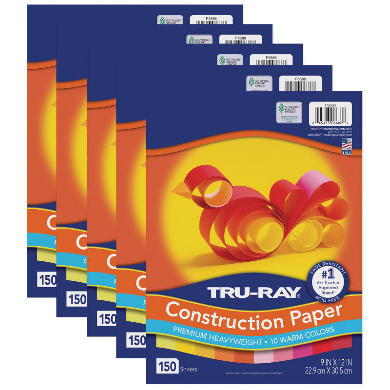 TRU-RAY - Construction Paper, Warm Assorted, 9" x 12", 150 Sheets Per Pack, 5 Packs