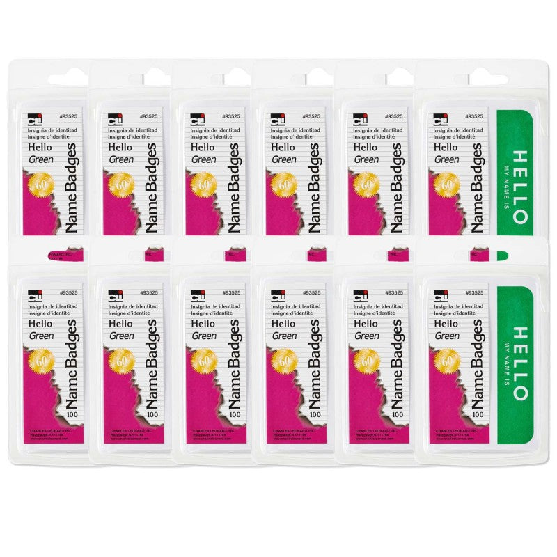 CHARLES LEONARD - Self-Adhesive Name Badges, Hello, Green, 100 Per Pack, 12 Packs