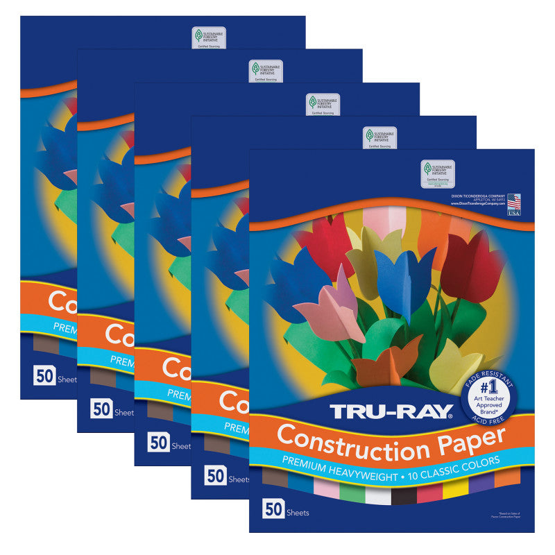 TRU-RAY - Construction Paper, Standard Assorted, 12" x 18", 50 Sheets Per Pack, 5 Packs