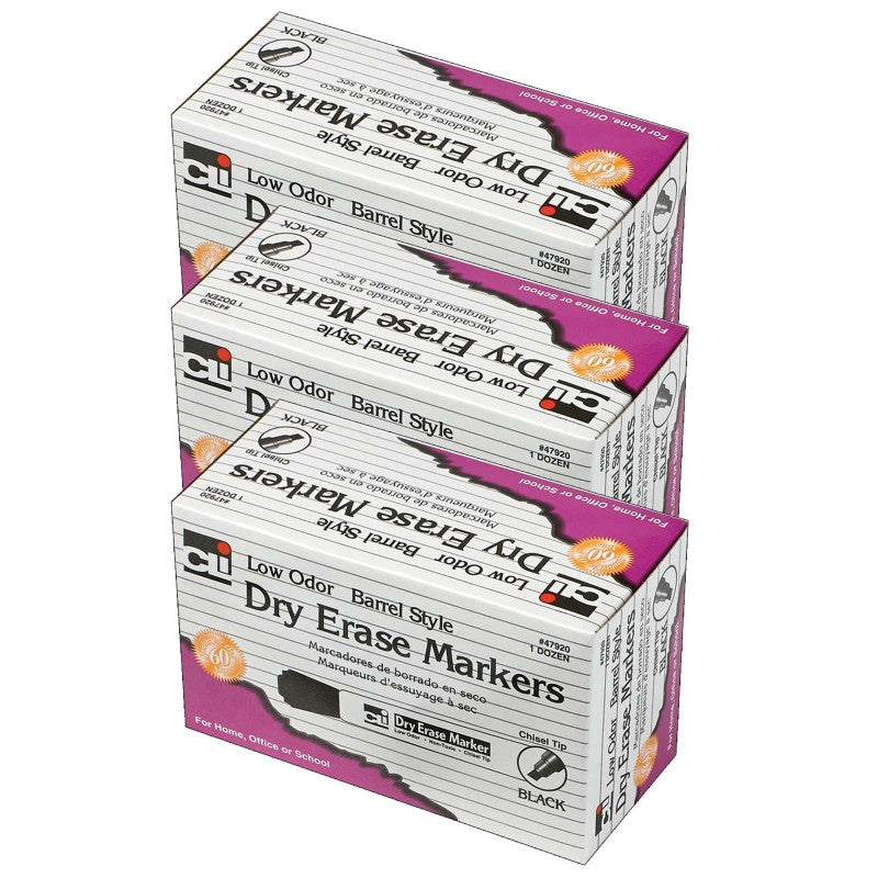 CHARLES LEONARD - Dry Erase Markers, Barrel Style, Chisel Tip, Black, 12 Per Pack, 3 Packs