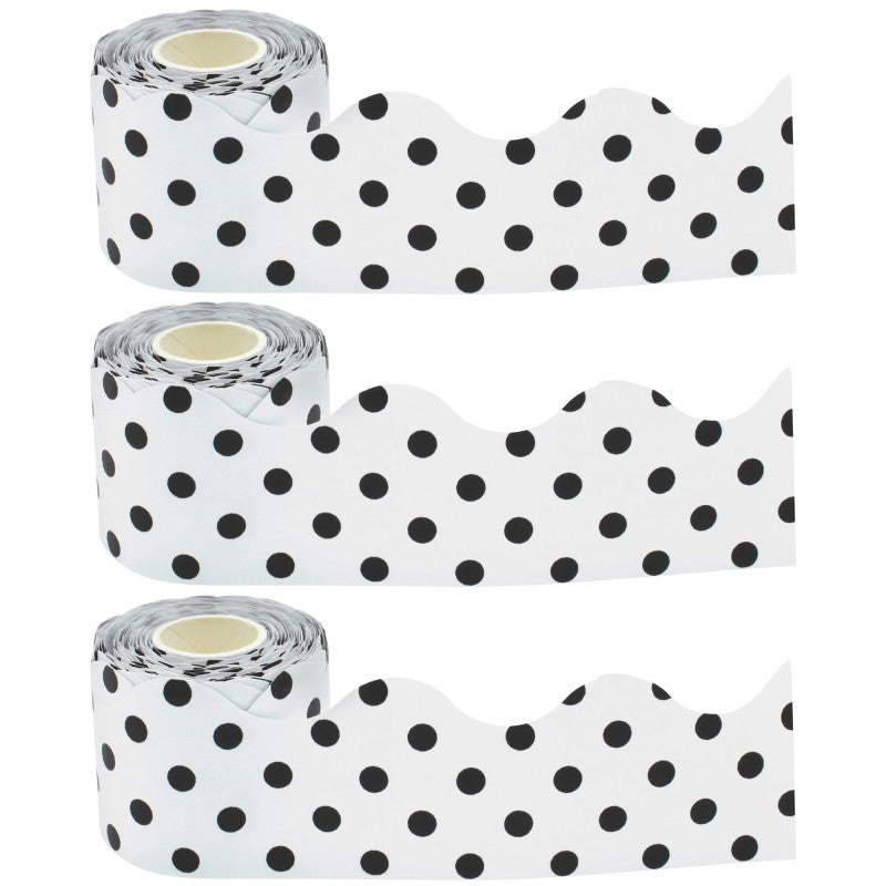 TEACHER CREATED RESOURCES - Black Polka Dots on White Scalloped Rolled Border Trim, 50 Feet Per Roll, Pack of 3