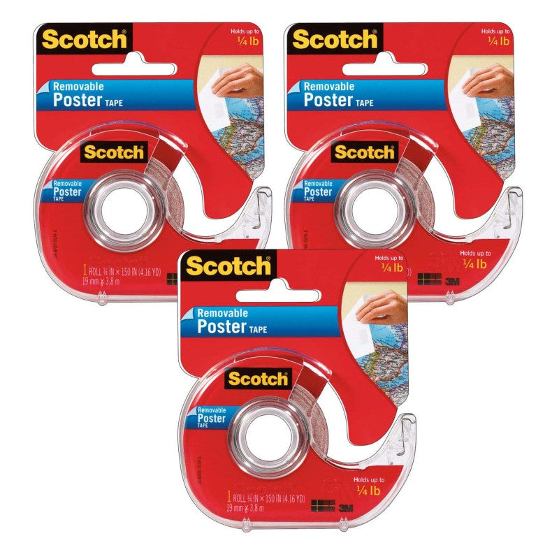 SCOTCH - Removable Poster Tape with Dispenser, 3/4" x 150", Clear, Pack of 3