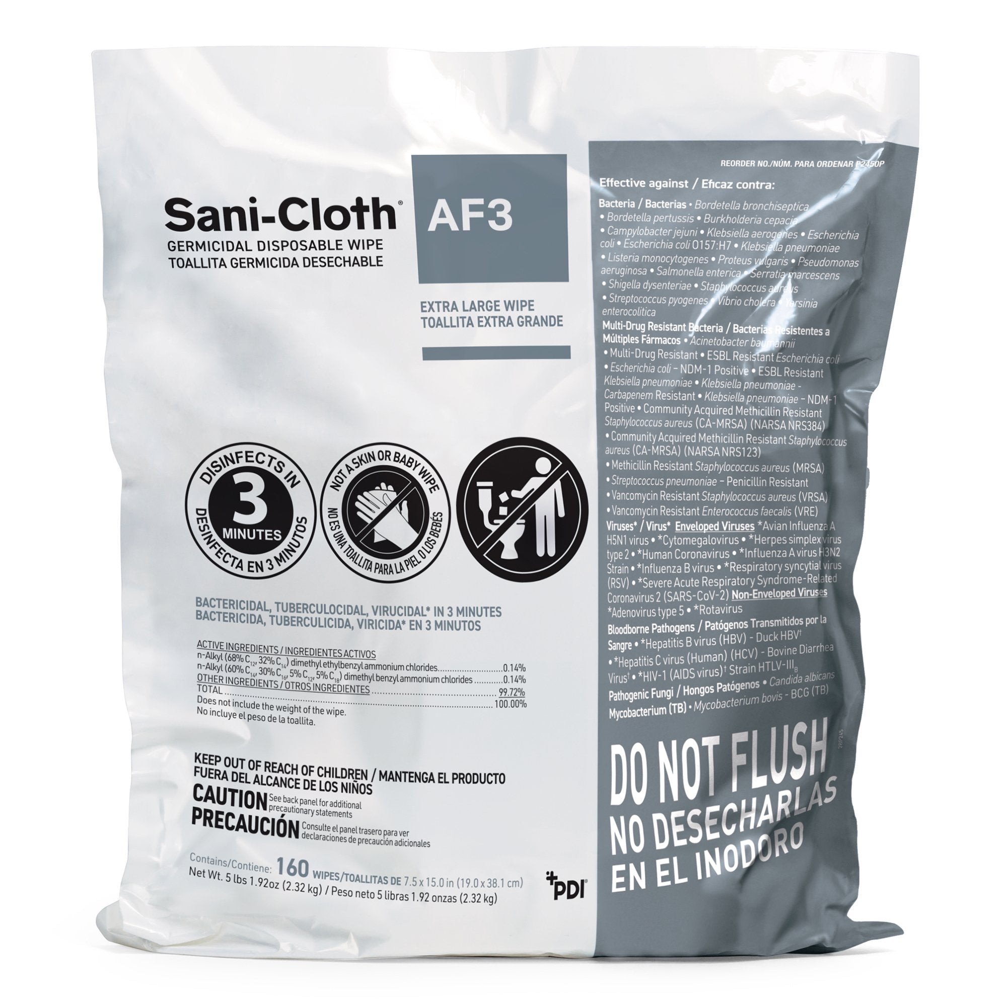 Professional Disposables - Sani-Cloth® AF3 Surface Disinfectant Cleaner Refill Premoistened Germicidal Manual Pull Wipe 160 Count Bag Mild Scent NonSterile [2/CS]