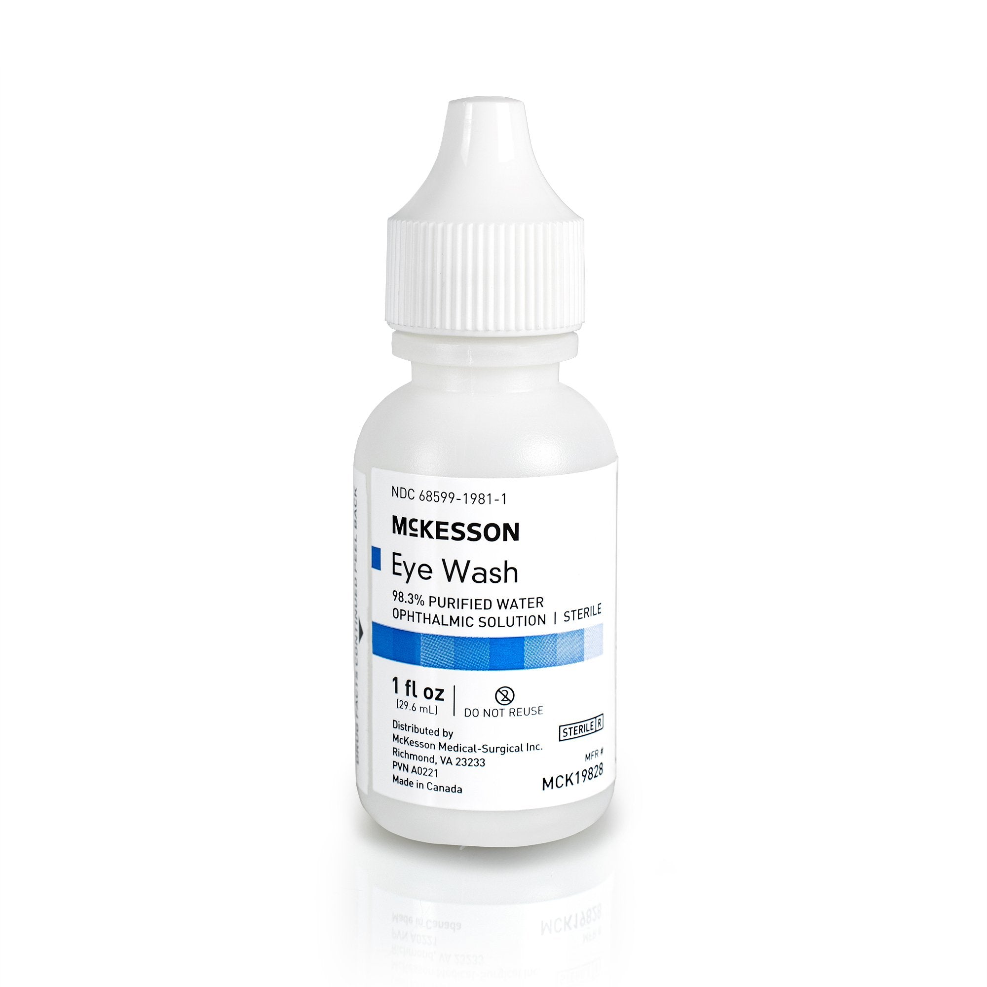 McKesson Brand - Eye Wash Solution McKesson Active ingredient: 98.3% Purified Water Inactive ingredients: boric acid, sodium borate, sodium chloride 1 oz. Squeeze Bottle [144/CS]