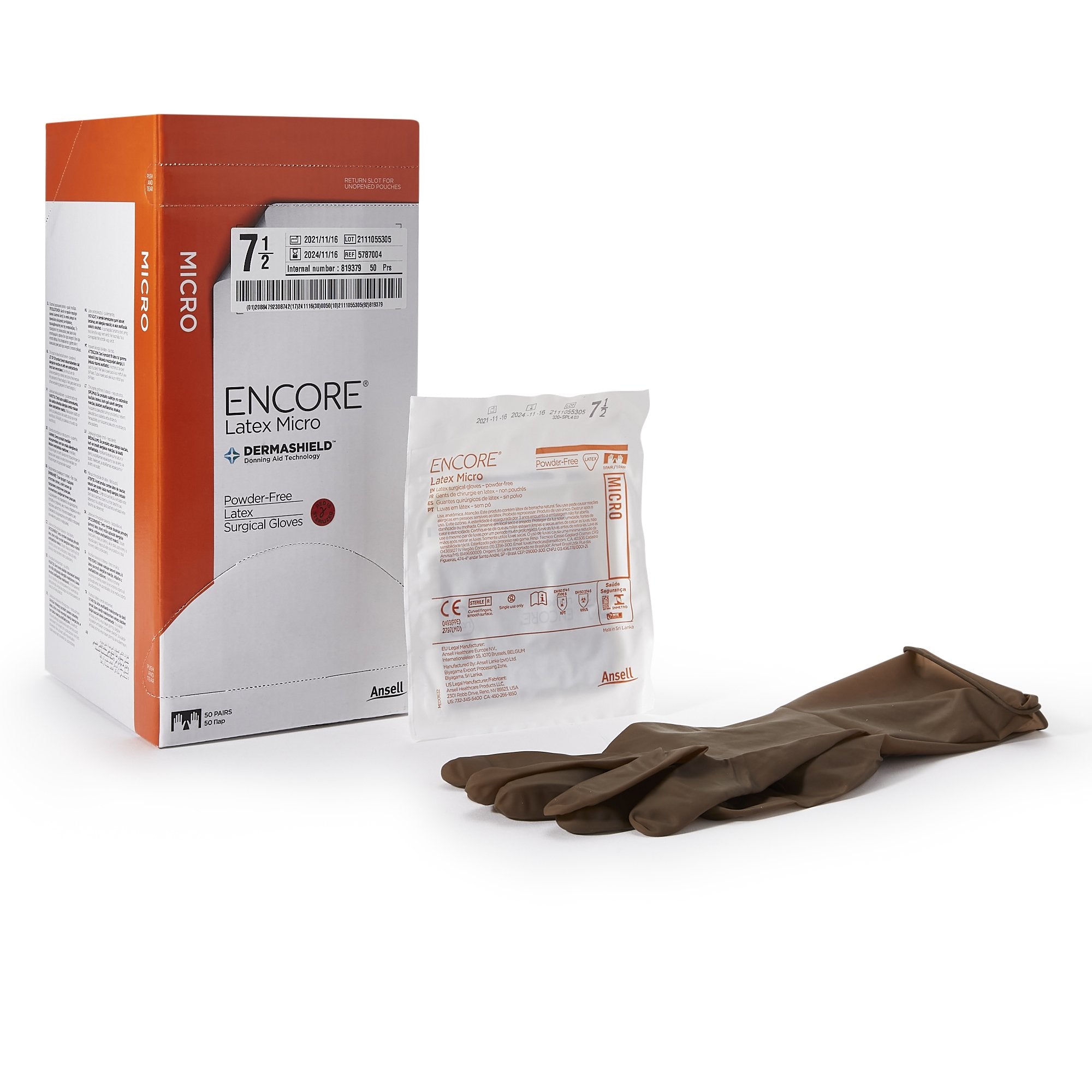 Ansell - Surgical Glove ENCORE® Latex Micro Size 7.5 Sterile Latex Standard Cuff Length Micro-Textured Brown Chemo Tested [200/CS]