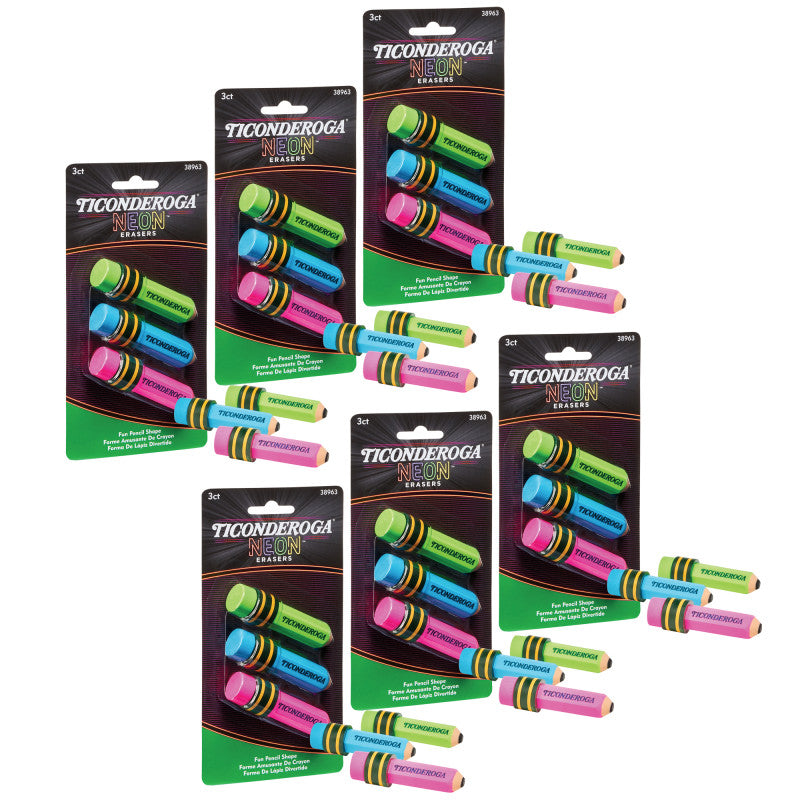 TICONDEROGA - Pencil Shaped Neon Erasers, 3 Per Pack, 6 Packs