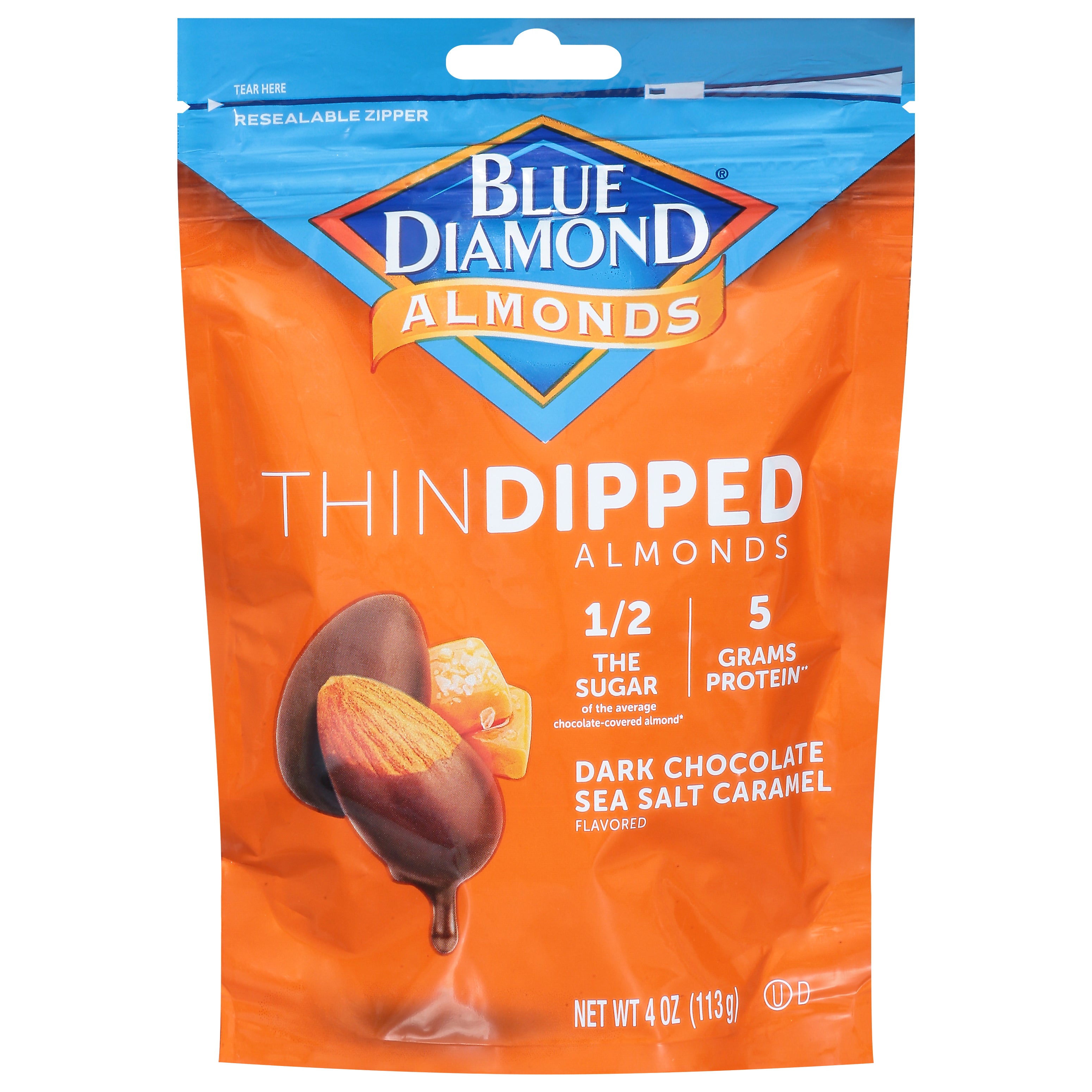 Blue Diamond Thin Dipped Dark Chocolate Sea Salt Caramel Flavored Almonds 4 oz - Case of 8