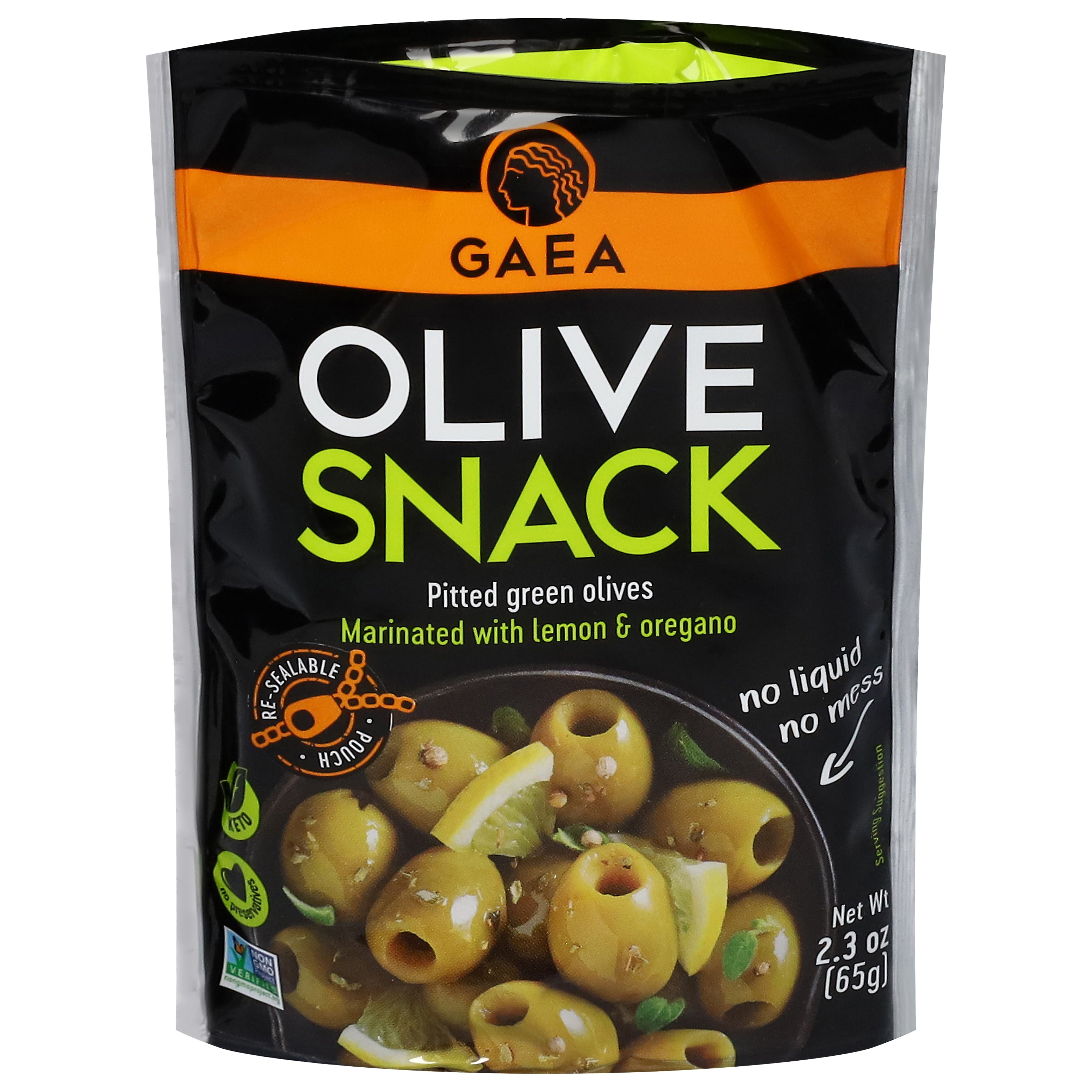 Gaea Pitted Green Olives Olive Snack 2.3 oz - Case of 8