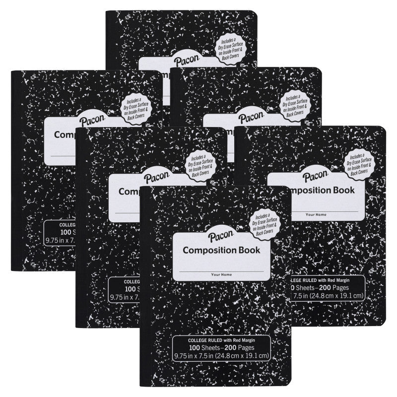 PACON - Composition Books with Dry Erase Surfaces, Black Marble, 3/8" Ruled w/Margin , 100 Sheets/200 Pages, Pack of 6