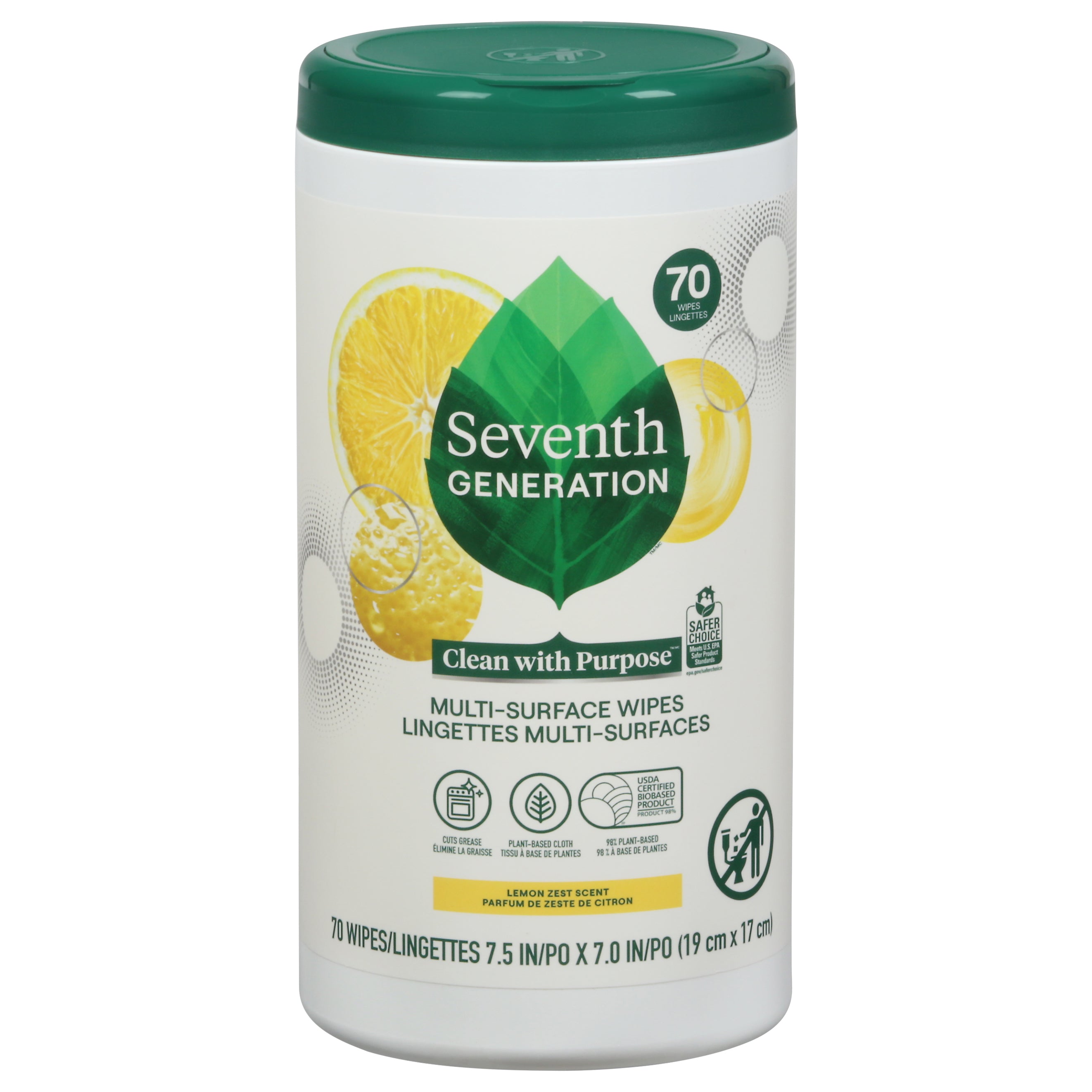 Seventh Generation Lemon Zest Scent Multi-Surface Wipes 70 ea - Case of 6