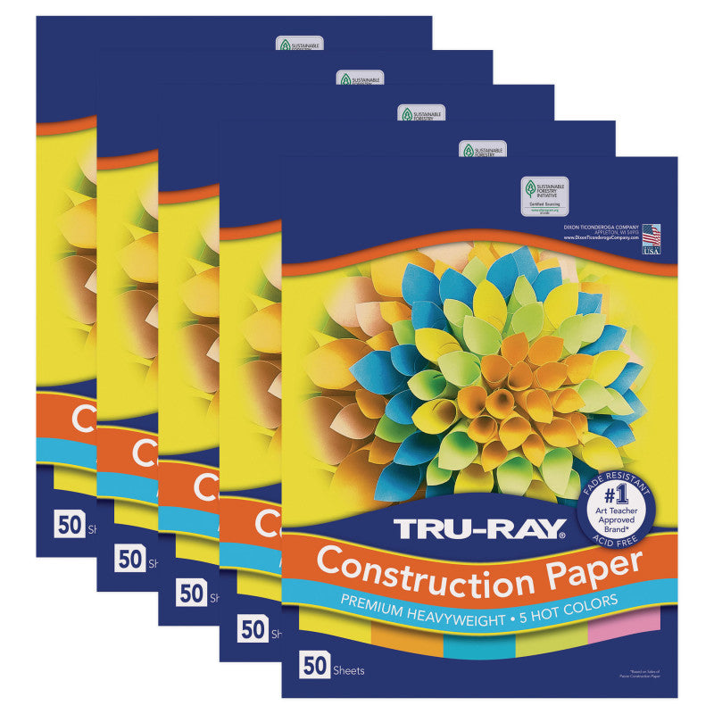 TRU-RAY - Construction Paper, 5 Assorted Hot Colors, 12" x 18", 50 Sheets Per Pack, 5 Packs