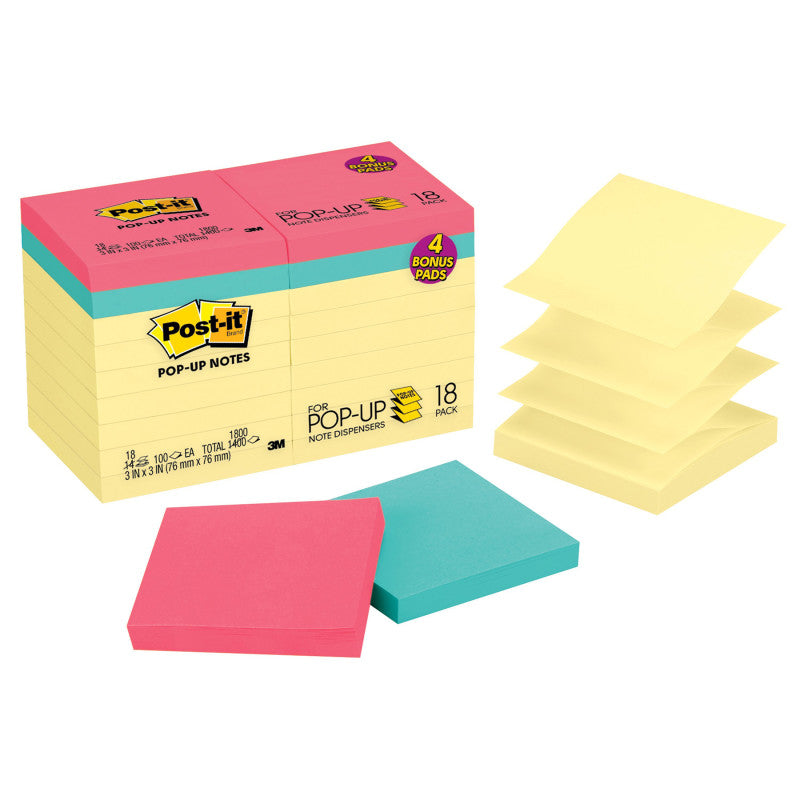 POST-IT - Dispenser Pop-up Notes Value Pack, 3 in x 3 in, Canary Yellow, 14 Pads plus 4 Pads in Assorted Color