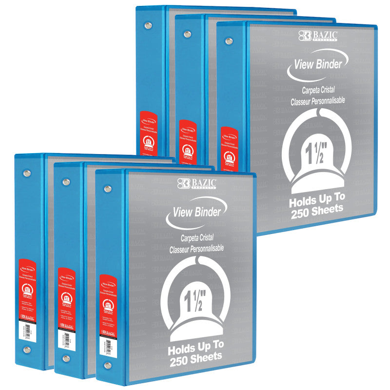 BAZIC PRODUCTS - 3-Ring View Binder with 2 Pockets, 1.5", Cyan, Pack of 6