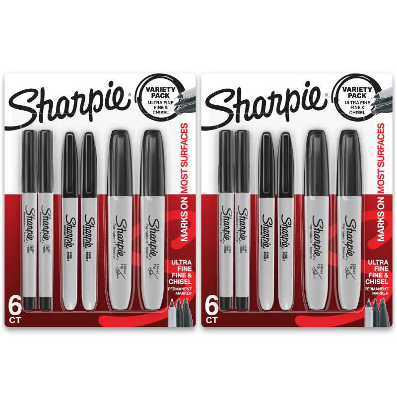 SHARPIE - Permanent Markers Variety Pack, Fine, Ultra-Fine, & Chisel-Point Markers, Black, 6 Per Pack, 2 Packs