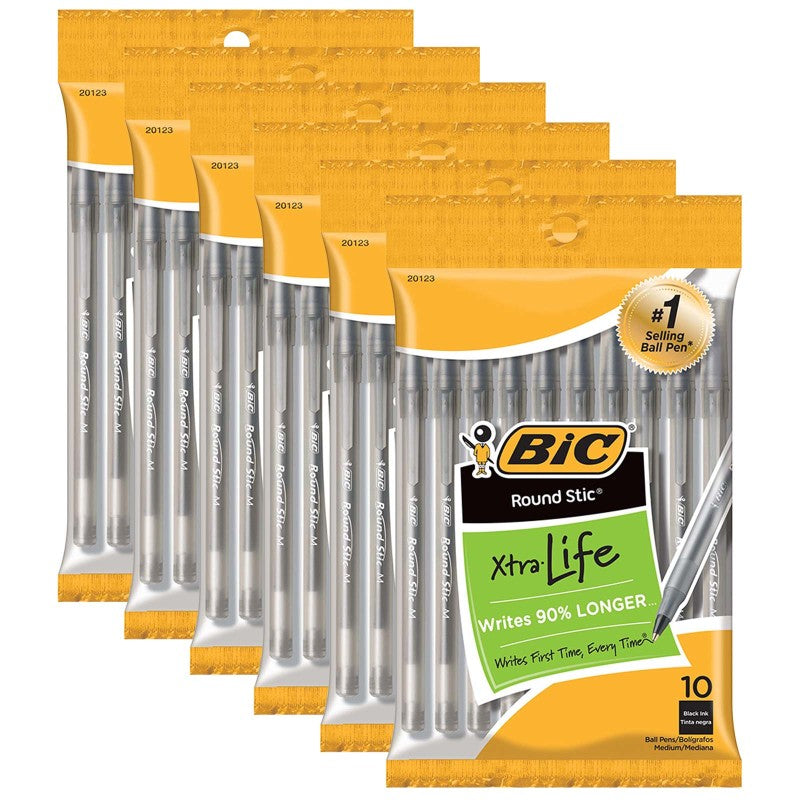 BIC - Round Stic® Xtra Life Ballpoint Pen, Medium Point (1.0mm), Black, 10 Per Pack, 6 Packs