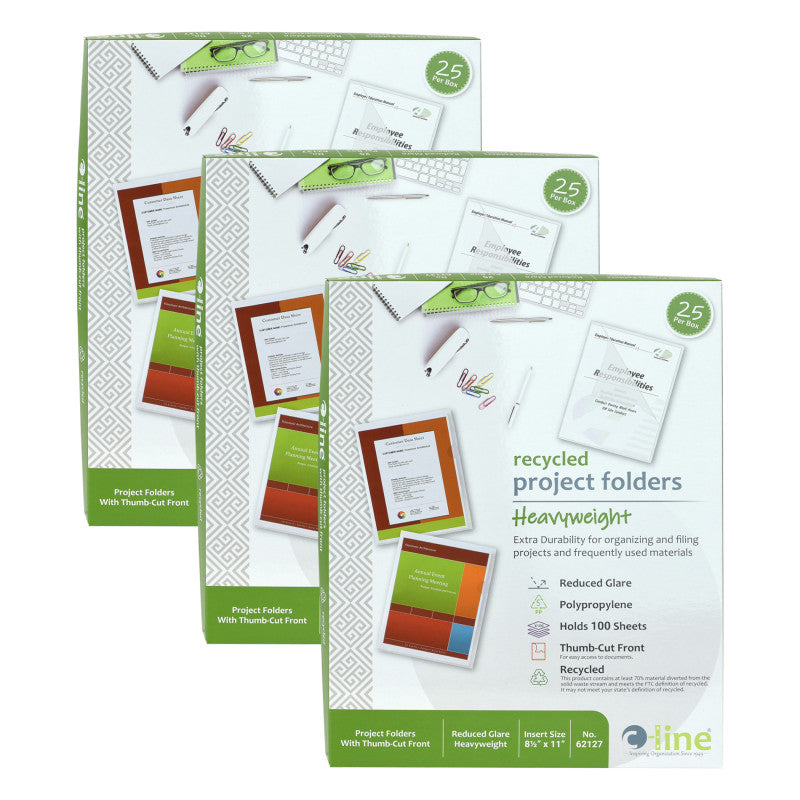 C-LINE - Recycled Poly Project Folders, Clear, Reduced Glare, 11" x 8-1/2", 25 Per Box, 3 Boxes