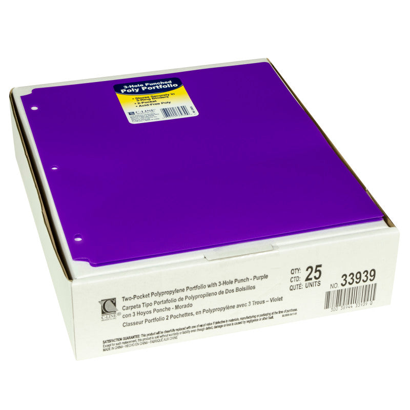 C-LINE - Two-Pocket Heavyweight Poly Portfolio Folder with Three-Hole Punch, Purple, Pack of 25